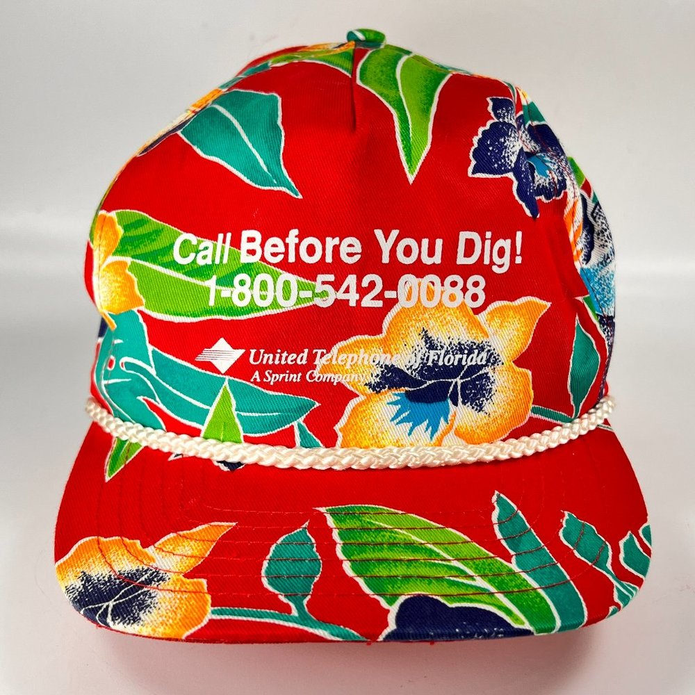 Vtg United Telephone Of Florida Snap Back Cap Hat San Sun Floral Red Rope Mens